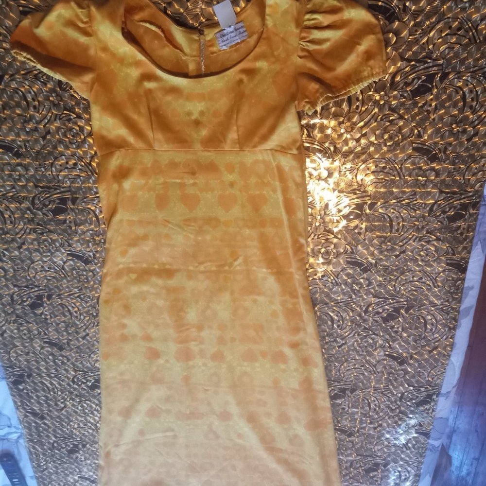 Vintage Heart Shape Pattern Long Mustard Yellow Dress